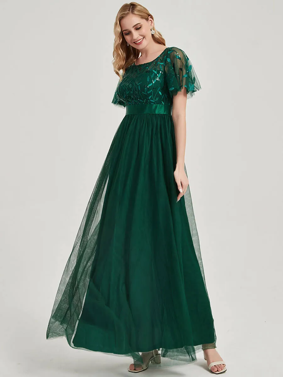 [Final Sale] Emerald Green Sheer Sleeve A-Line Maxi Sequin Formal Dress For Brides