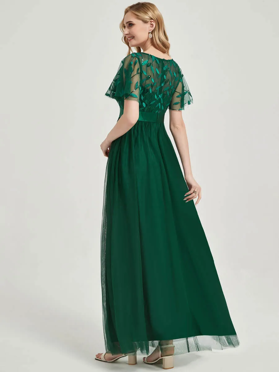 [Final Sale] Emerald Green Sheer Sleeve A-Line Maxi Sequin Formal Dress For Brides