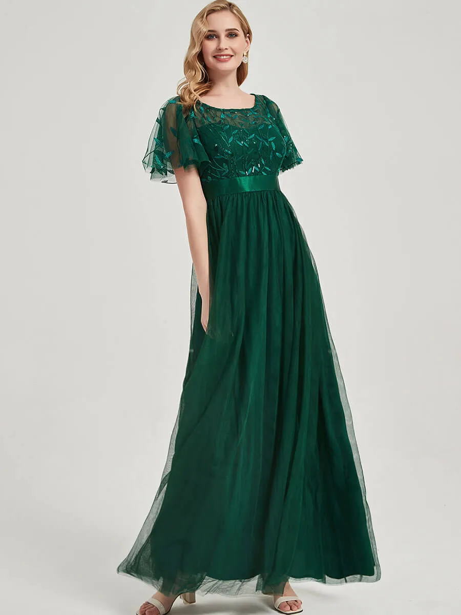 [Final Sale] Emerald Green Sheer Sleeve A-Line Maxi Sequin Formal Dress For Brides