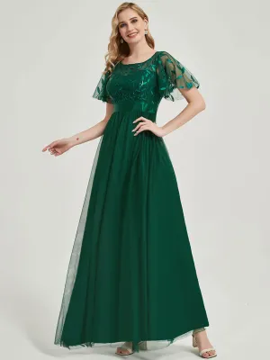 [Final Sale] Emerald Green Sheer Sleeve A-Line Maxi Sequin Formal Dress For Brides