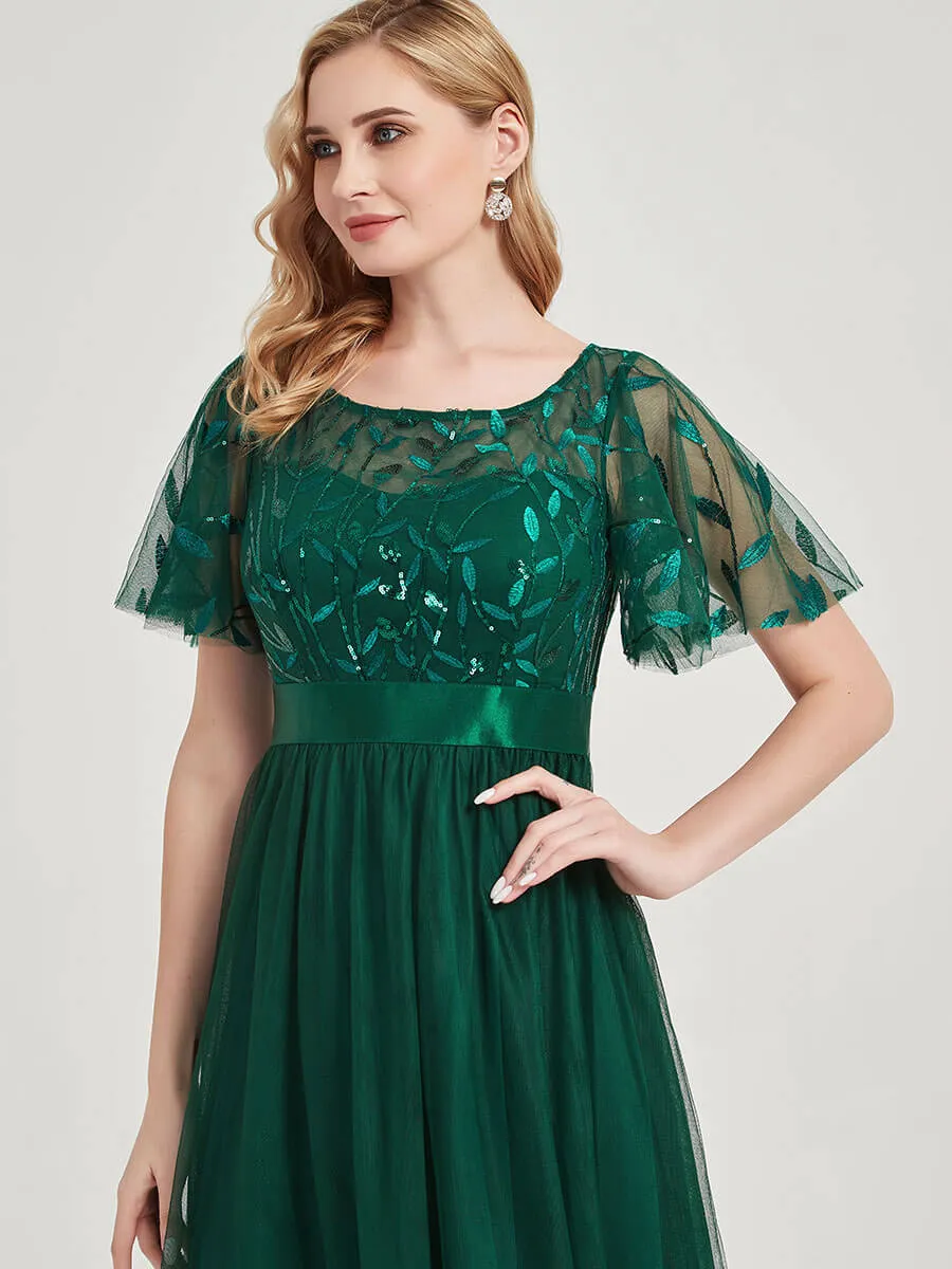 [Final Sale] Emerald Green Sheer Sleeve A-Line Maxi Sequin Formal Dress For Brides