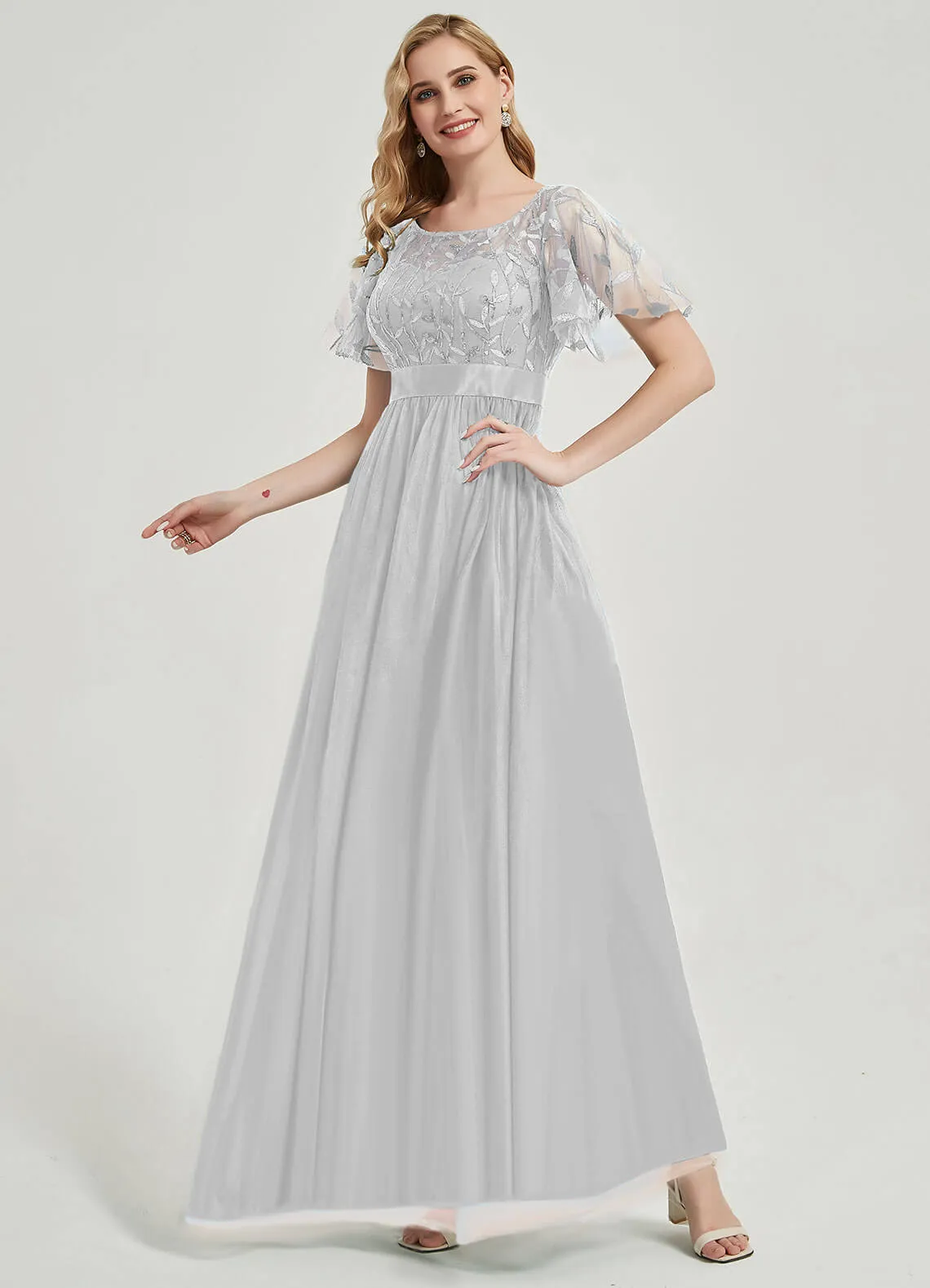 [Final Sale] Silver Grey Sheer Sleeve A-Line Floor Length Sequin Formal Dress For Brides