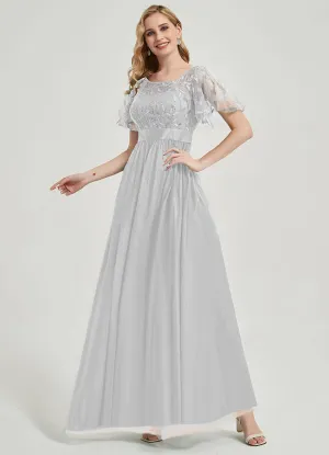 [Final Sale] Silver Grey Sheer Sleeve A-Line Floor Length Sequin Formal Dress For Brides