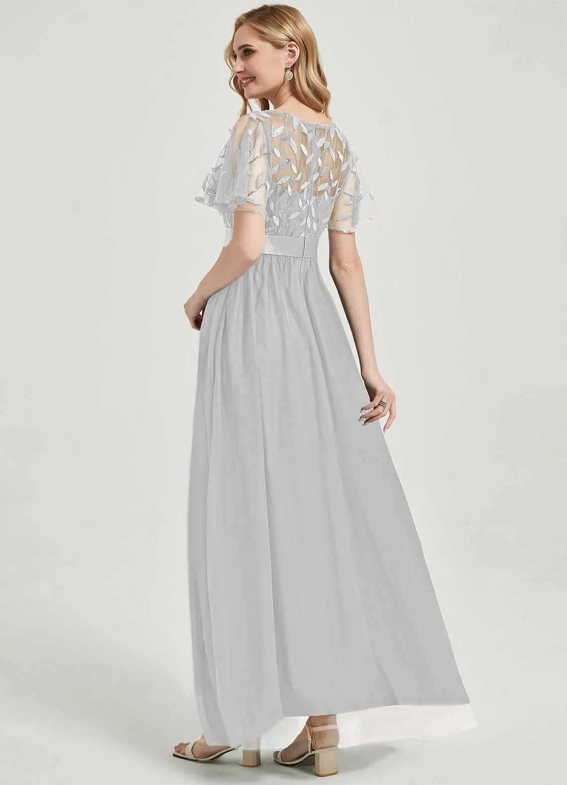 [Final Sale] Silver Grey Sheer Sleeve A-Line Floor Length Sequin Formal Dress For Brides