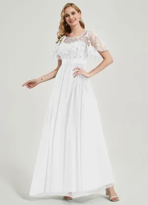 [Final Sale] White Sheer Sleeve A-Line Floor Length Sequin Formal Dress For Brides
