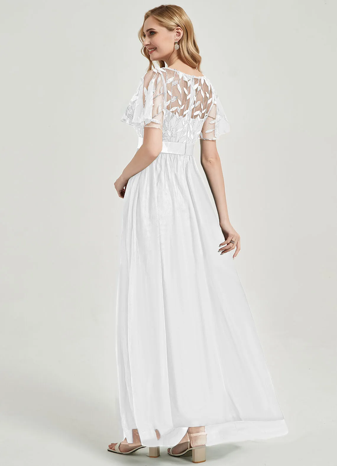 [Final Sale] White Sheer Sleeve A-Line Floor Length Sequin Formal Dress For Brides