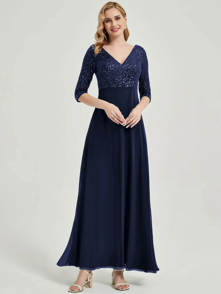 [Final Sale]Navy Blue 3/4 Sleeve V-Neck Sequin Chiffon Maxi Formal Evening Dress