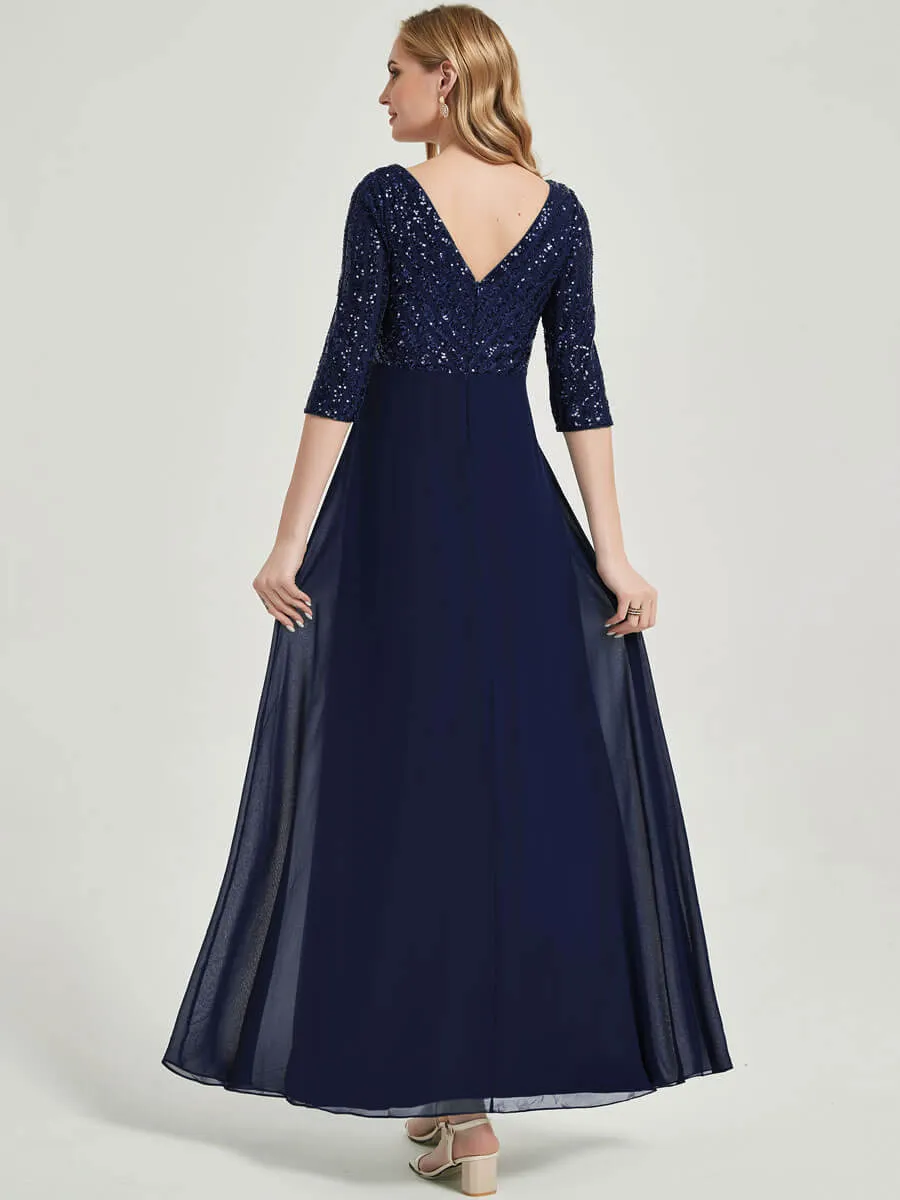 [Final Sale]Navy Blue 3/4 Sleeve V-Neck Sequin Chiffon Maxi Formal Evening Dress