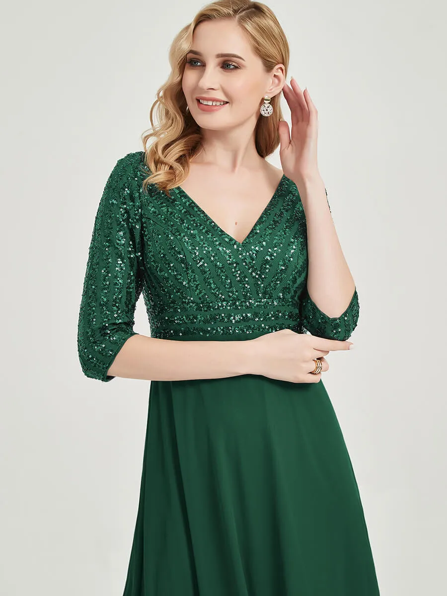 [Final Sale]Navy Blue 3/4 Sleeve V-Neck Sequin Chiffon Maxi Formal Evening Dress