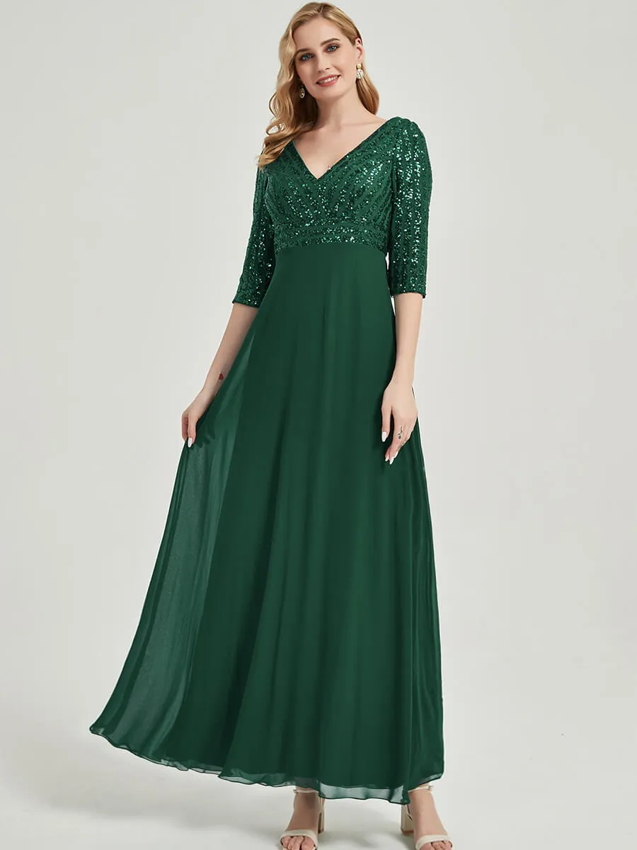 [Final Sale]Navy Blue 3/4 Sleeve V-Neck Sequin Chiffon Maxi Formal Evening Dress
