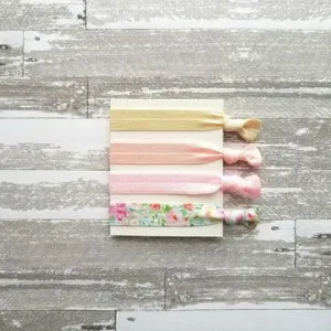Floral Print Hair Set - elastic ribbon hair tie delicate flower leaves - sparkle pink green blue white cream ivory ponytail holder girl gift