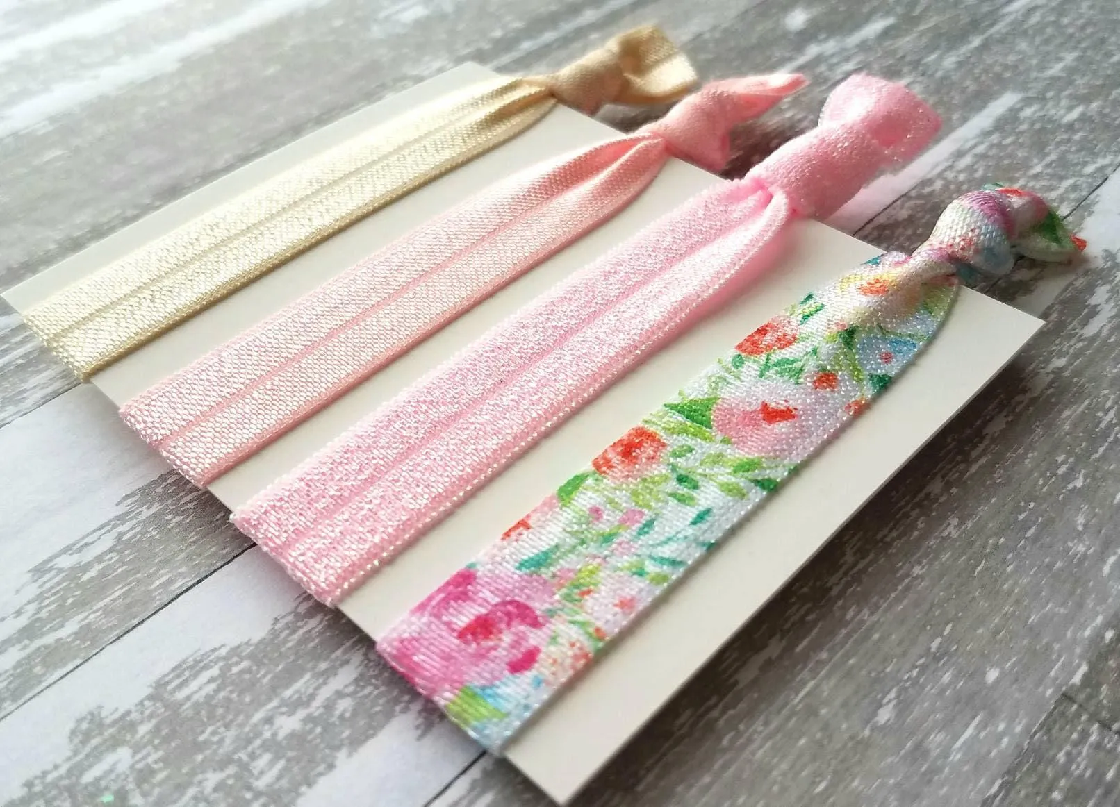 Floral Print Hair Set - elastic ribbon hair tie delicate flower leaves - sparkle pink green blue white cream ivory ponytail holder girl gift