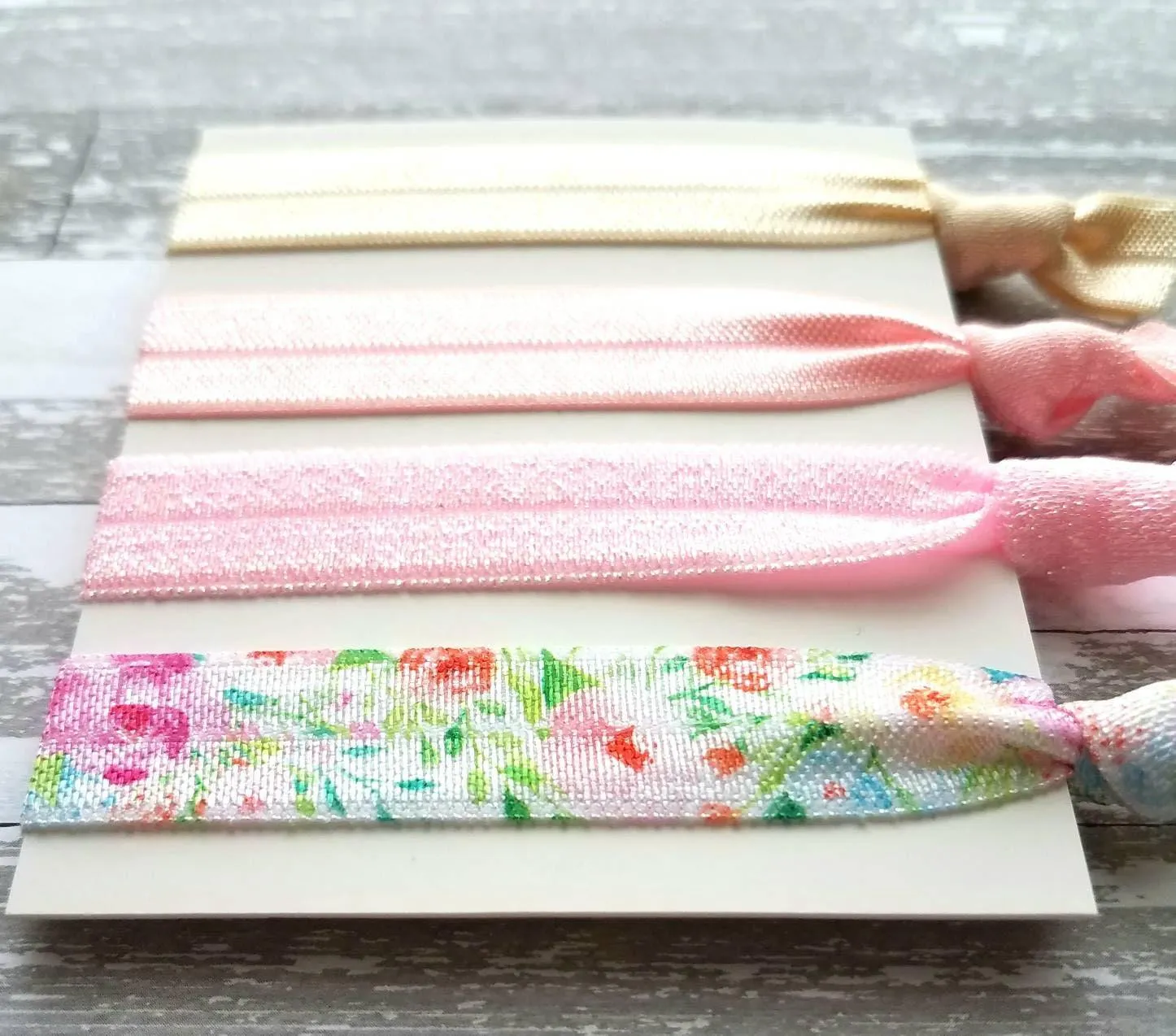 Floral Print Hair Set - elastic ribbon hair tie delicate flower leaves - sparkle pink green blue white cream ivory ponytail holder girl gift