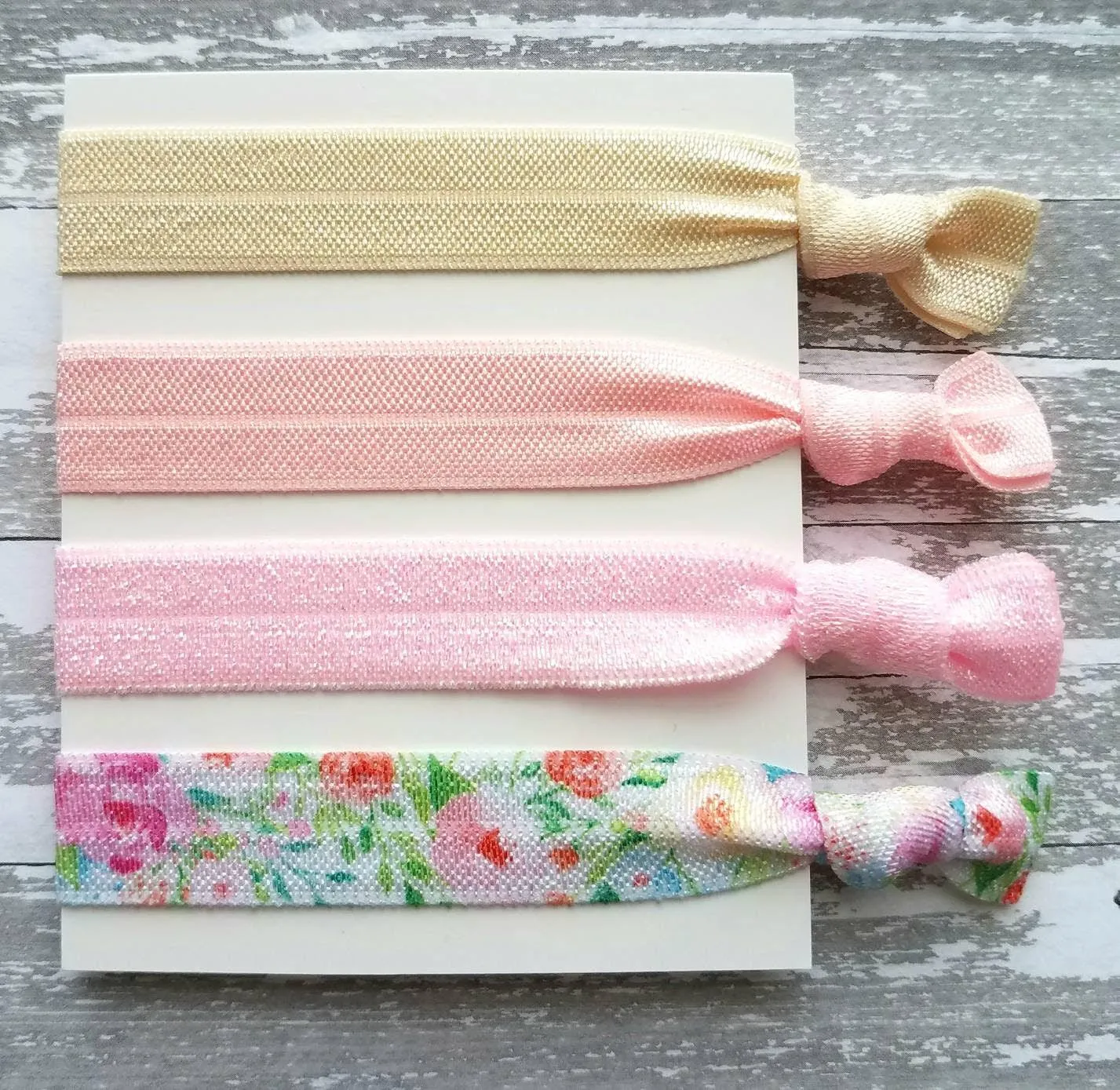 Floral Print Hair Set - elastic ribbon hair tie delicate flower leaves - sparkle pink green blue white cream ivory ponytail holder girl gift