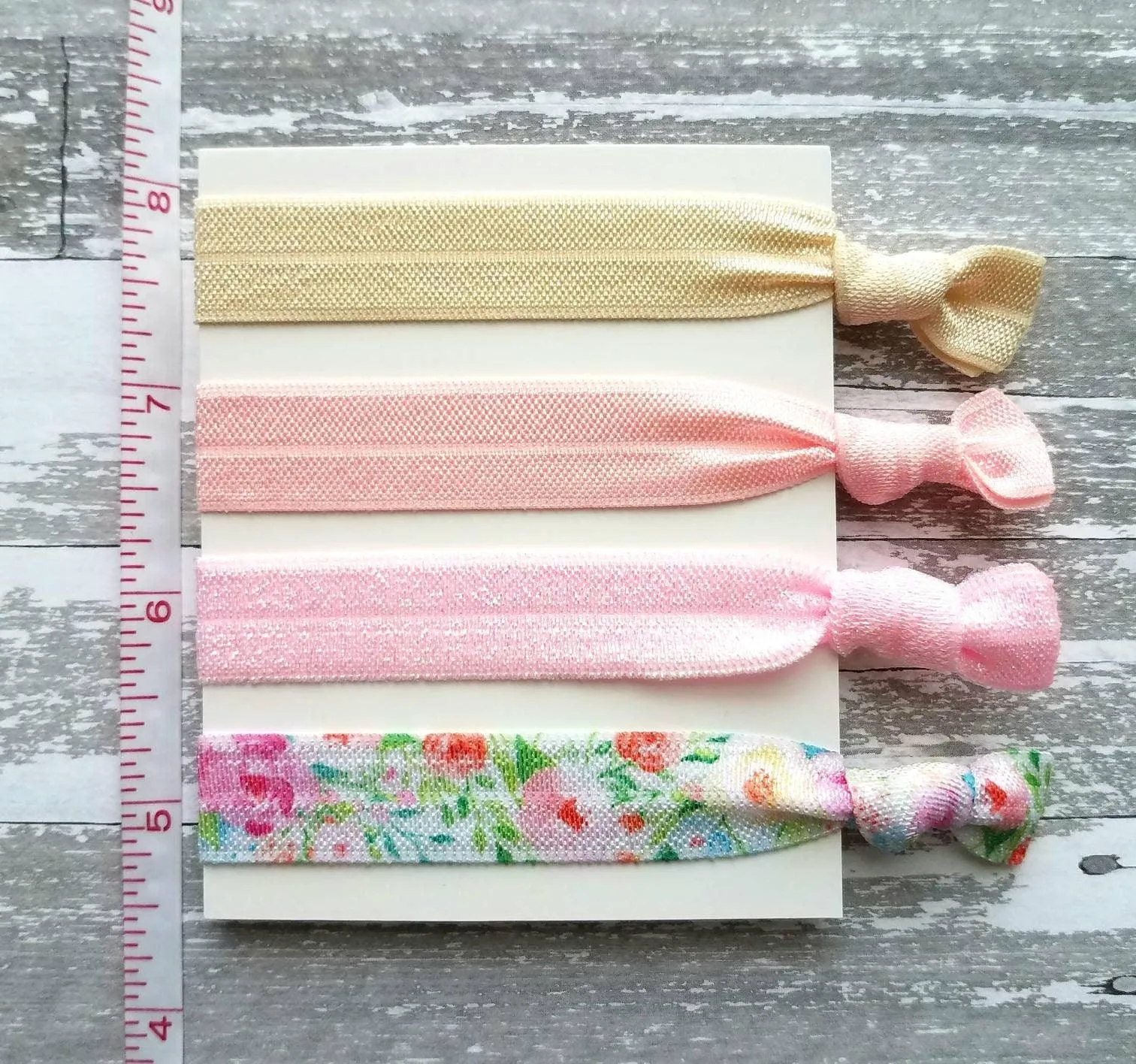Floral Print Hair Set - elastic ribbon hair tie delicate flower leaves - sparkle pink green blue white cream ivory ponytail holder girl gift