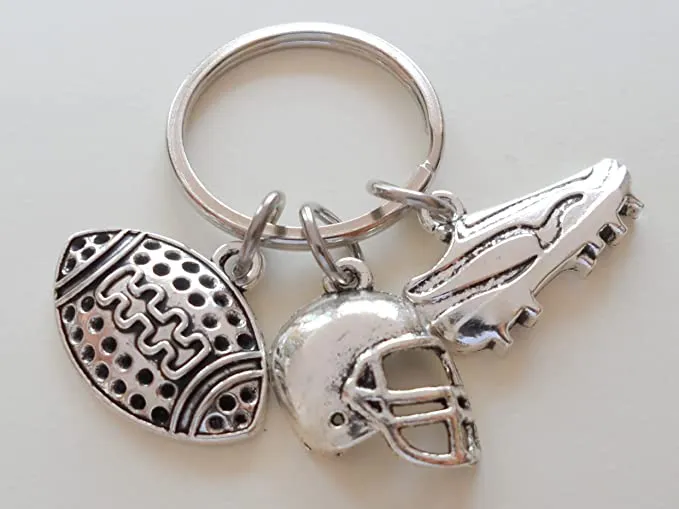 Football Player Keychain with Football Charm, Helmet Charm, & Cleat Charm, American Football Player or Coach Keychain