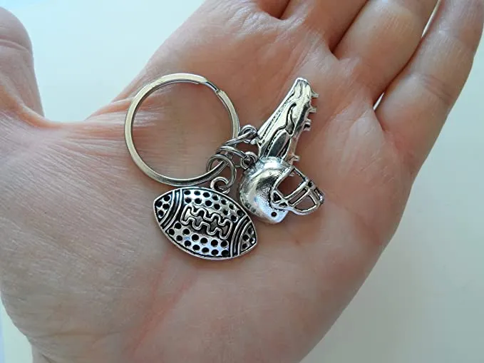 Football Player Keychain with Football Charm, Helmet Charm, & Cleat Charm, American Football Player or Coach Keychain