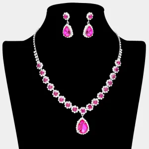 Fuchsia Teardrop and Round Stone Prom Necklace Set  | Special Event Crystal Necklace Set  |  638889