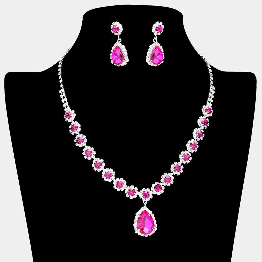 Fuchsia Teardrop and Round Stone Prom Necklace Set  | Special Event Crystal Necklace Set  |  638889