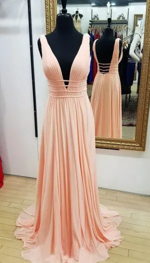 Full length V-neck Blush Pink Prom Dress