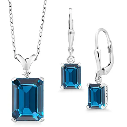 Gem Stone King 925 Sterling Silver London Blue Topaz Pendant Earrings Set, 13.49 Ct Emerald Cut with 18 Inch Chain