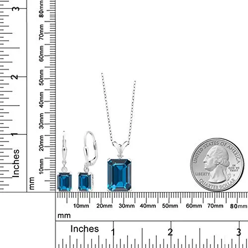 Gem Stone King 925 Sterling Silver London Blue Topaz Pendant Earrings Set, 13.49 Ct Emerald Cut with 18 Inch Chain