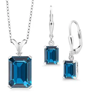 Gem Stone King 925 Sterling Silver London Blue Topaz Pendant Earrings Set, 13.49 Ct Emerald Cut with 18 Inch Chain