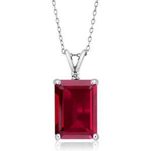 Gem Stone King 925 Sterling Silver Red Created Ruby and White Diamond Pendant Necklace (8.02 Ct Emerald Cut 14X10MM, with 18 Inch Silver Chain)