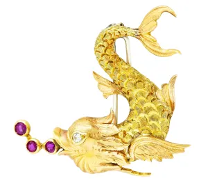 Giulio Nardi 1950's 0.42 CTW Diamond Ruby 18 Karat Two-Tone Vintage Fish Brooch