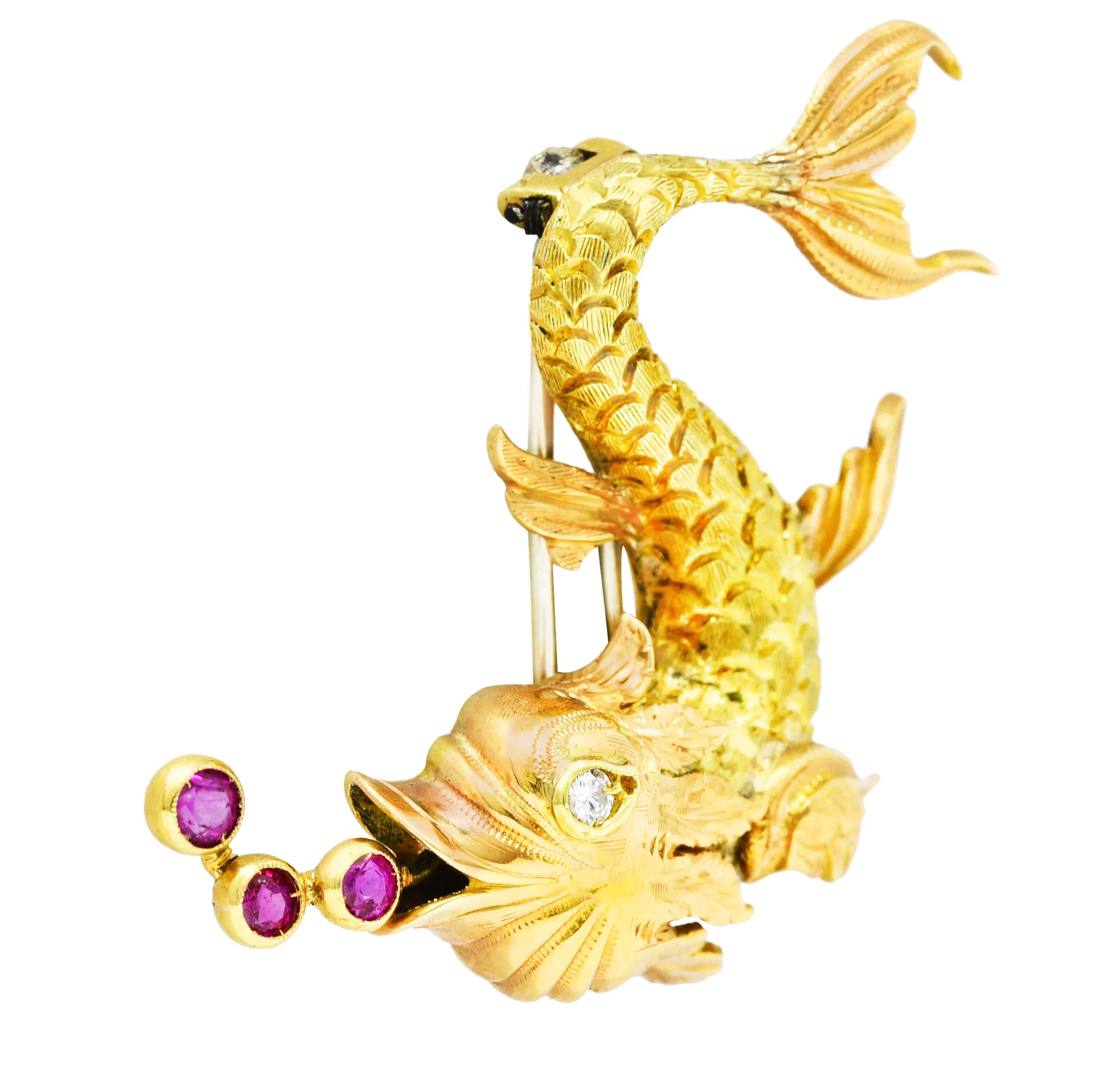 Giulio Nardi 1950's 0.42 CTW Diamond Ruby 18 Karat Two-Tone Vintage Fish Brooch