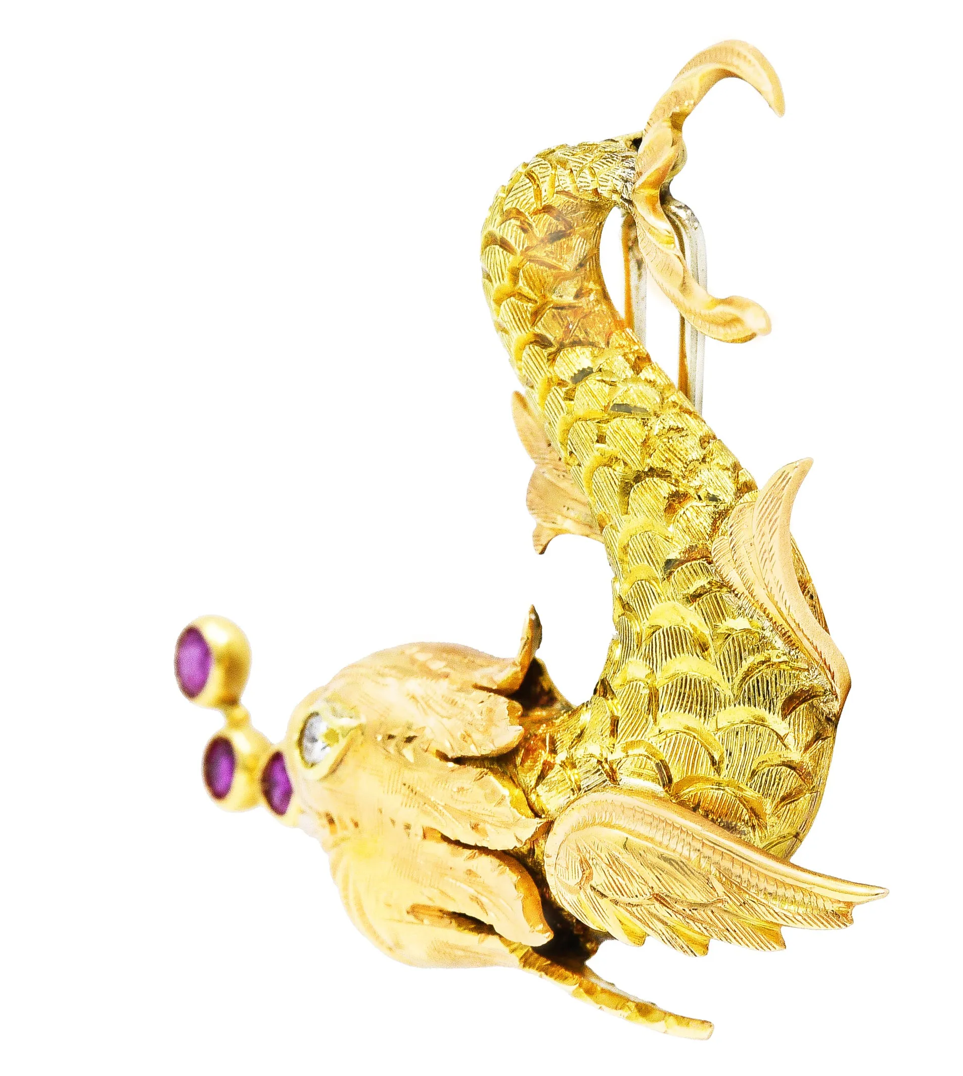 Giulio Nardi 1950's 0.42 CTW Diamond Ruby 18 Karat Two-Tone Vintage Fish Brooch