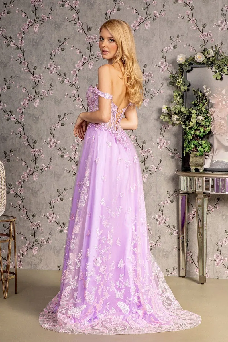 GL 3206 -Butterfly Printed A-Line Prom Gown with Detachable Off the Shoulder Straps Leg Slit Sheer Boned Bodice & Lace Up Back