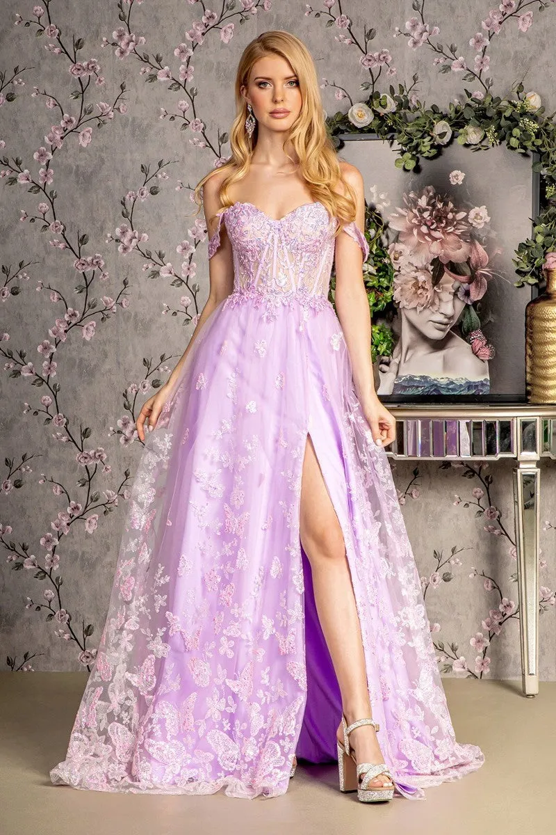 GL 3206 -Butterfly Printed A-Line Prom Gown with Detachable Off the Shoulder Straps Leg Slit Sheer Boned Bodice & Lace Up Back