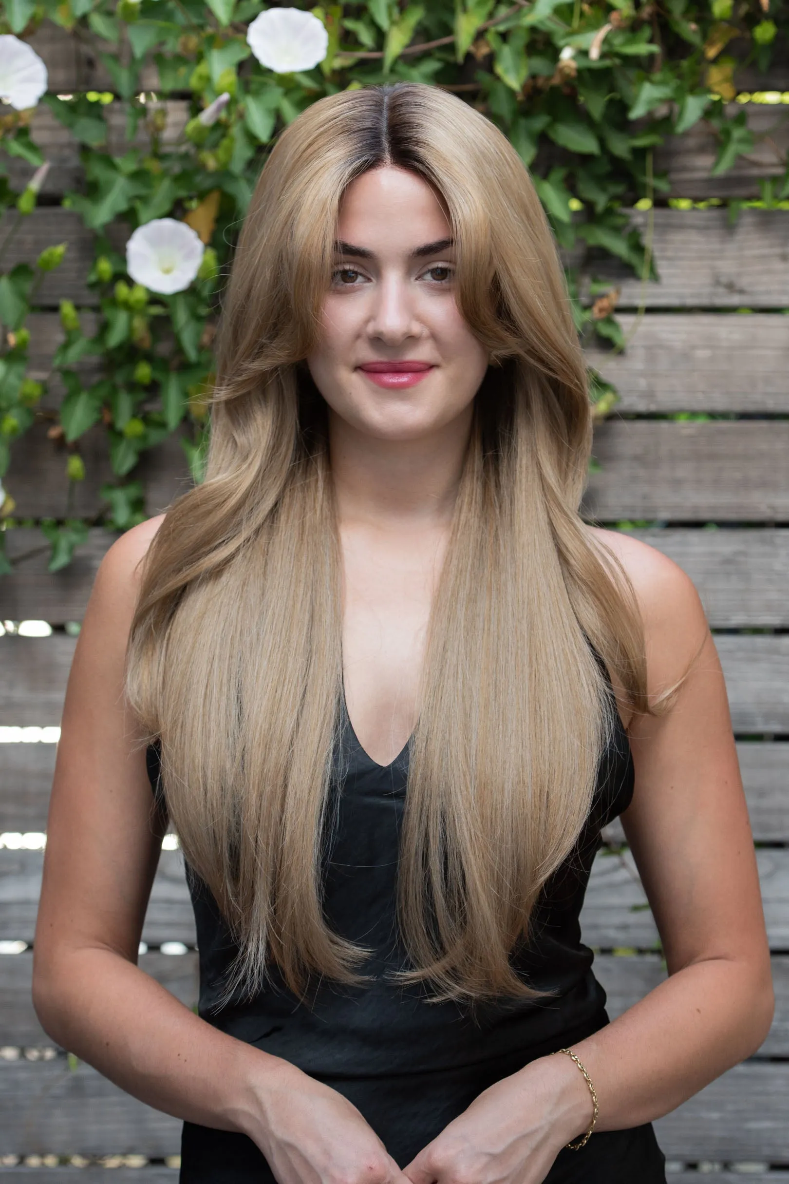 Golden Blonde Ombre Straight Lace Front Wig with Curtain Bangs Ayla