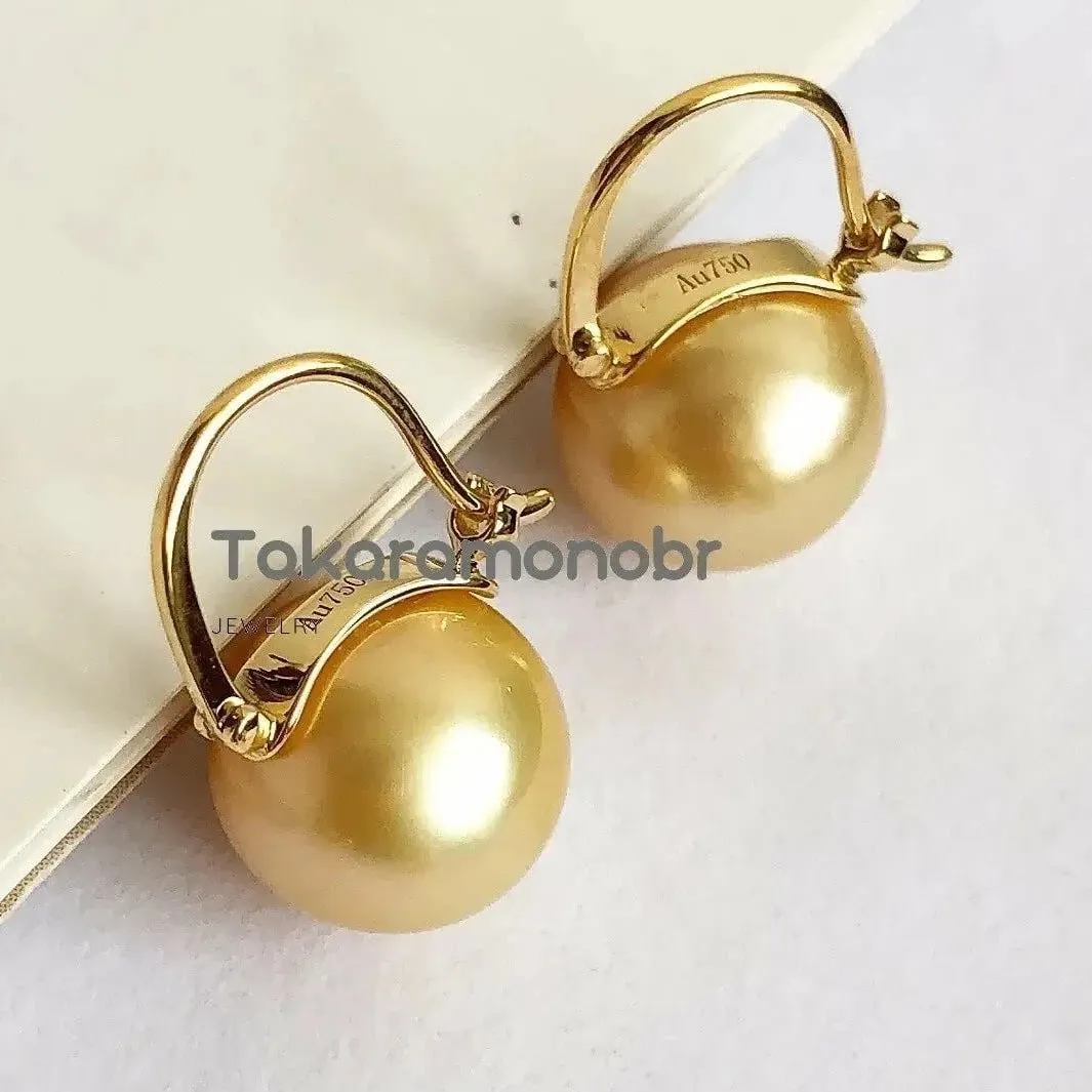 Golden South Sea Pearl Drop Earrings Mounted on 18-Karat Yellow Gold, 10.0-11.0 mm