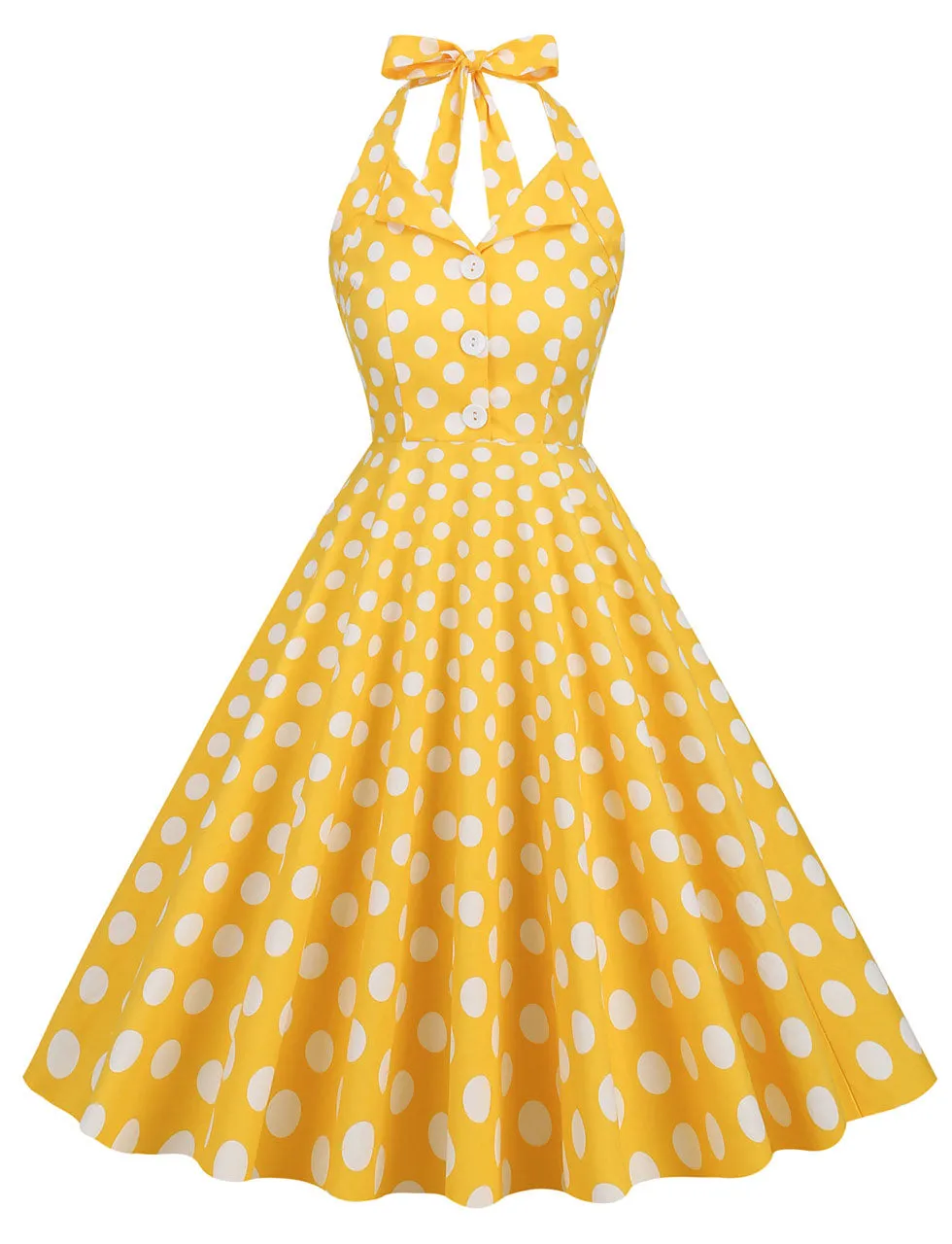 Green And White Polka Dots Pockets Vintage Halter 1950S Dress With Button