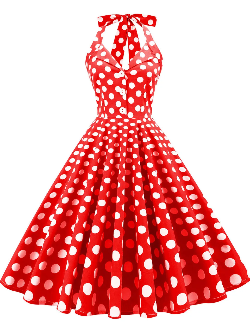Green And White Polka Dots Pockets Vintage Halter 1950S Dress With Button