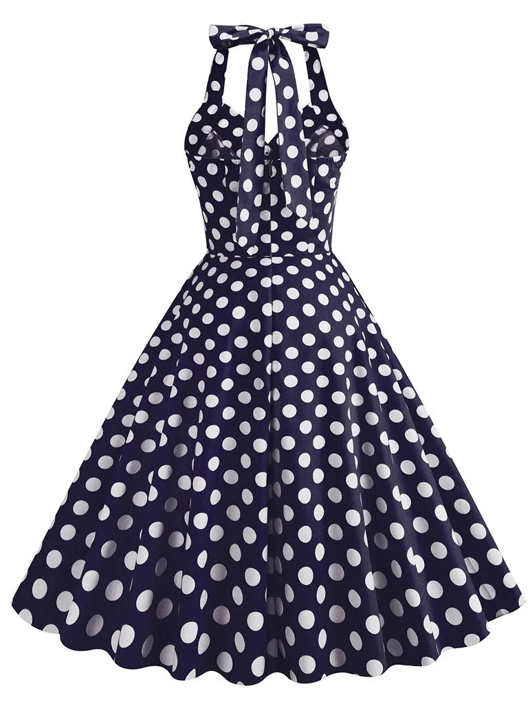 Green And White Polka Dots Pockets Vintage Halter 1950S Dress With Button