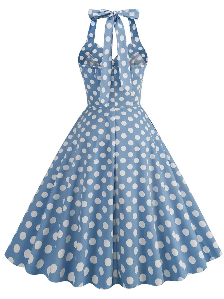 Green And White Polka Dots Pockets Vintage Halter 1950S Dress With Button