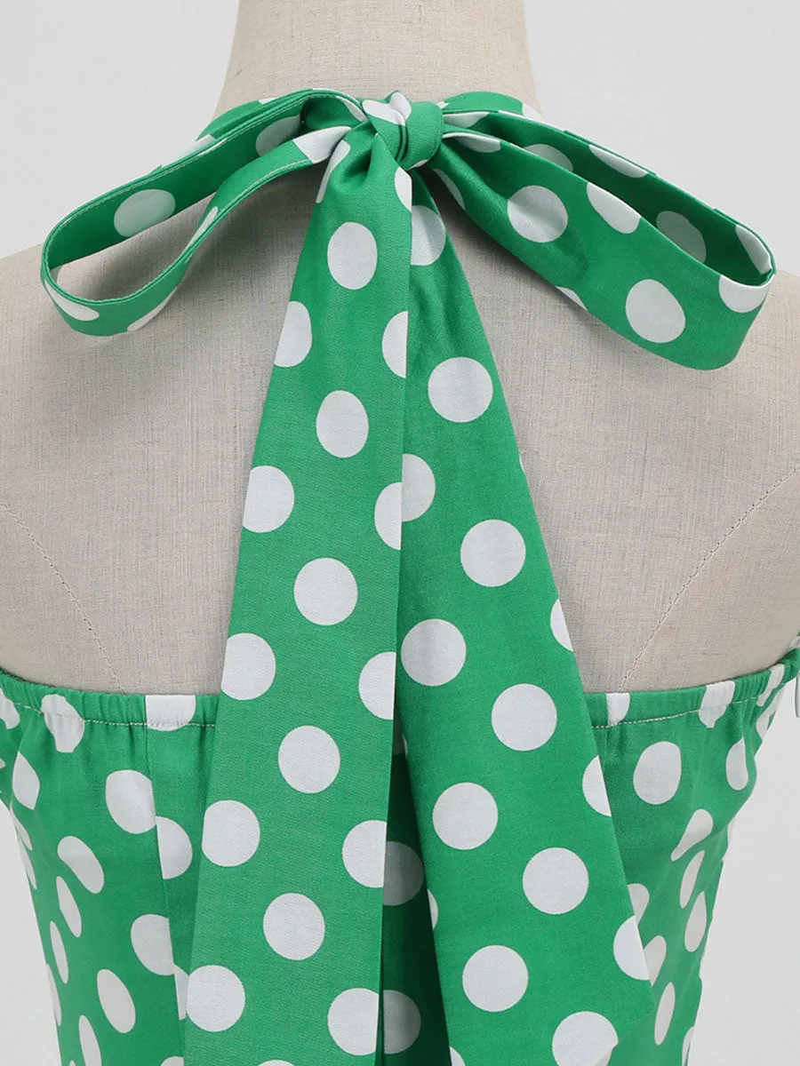 Green And White Polka Dots Pockets Vintage Halter 1950S Dress With Button