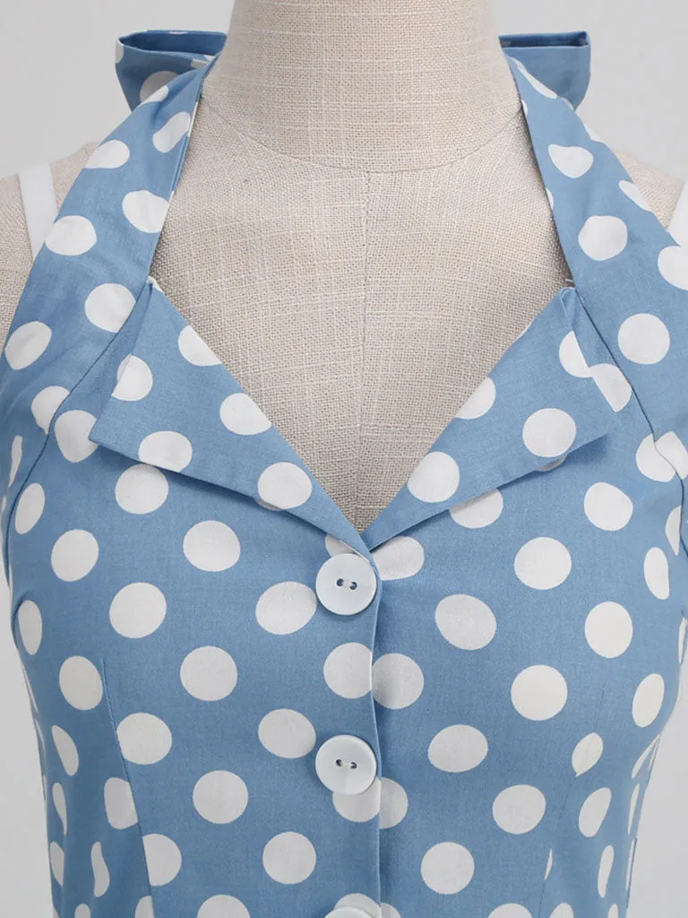 Green And White Polka Dots Pockets Vintage Halter 1950S Dress With Button
