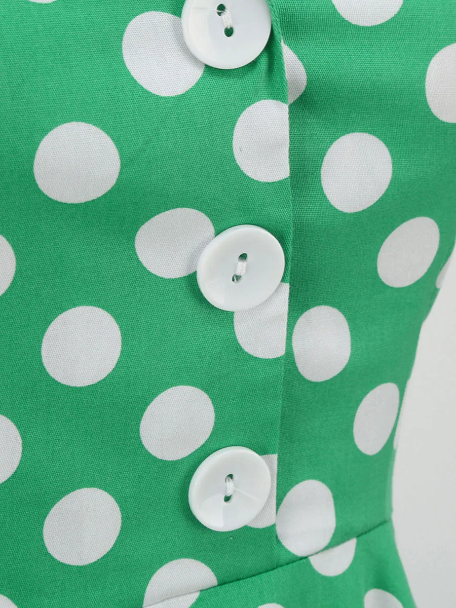 Green And White Polka Dots Pockets Vintage Halter 1950S Dress With Button