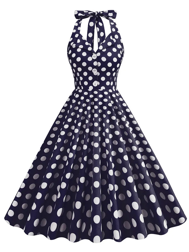 Green And White Polka Dots Pockets Vintage Halter 1950S Dress With Button