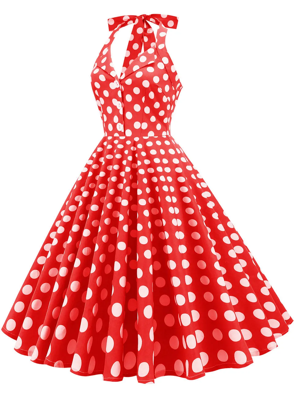 Green And White Polka Dots Pockets Vintage Halter 1950S Dress With Button