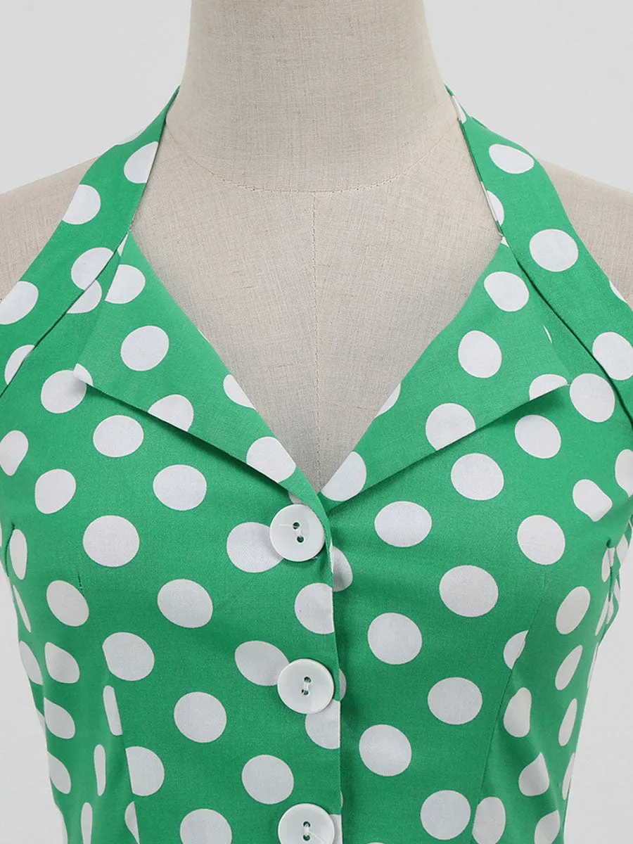 Green And White Polka Dots Pockets Vintage Halter 1950S Dress With Button