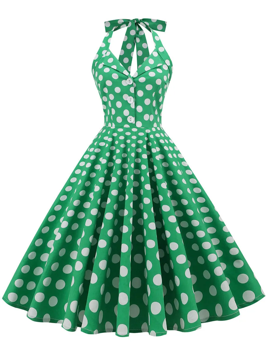 Green And White Polka Dots Pockets Vintage Halter 1950S Dress With Button