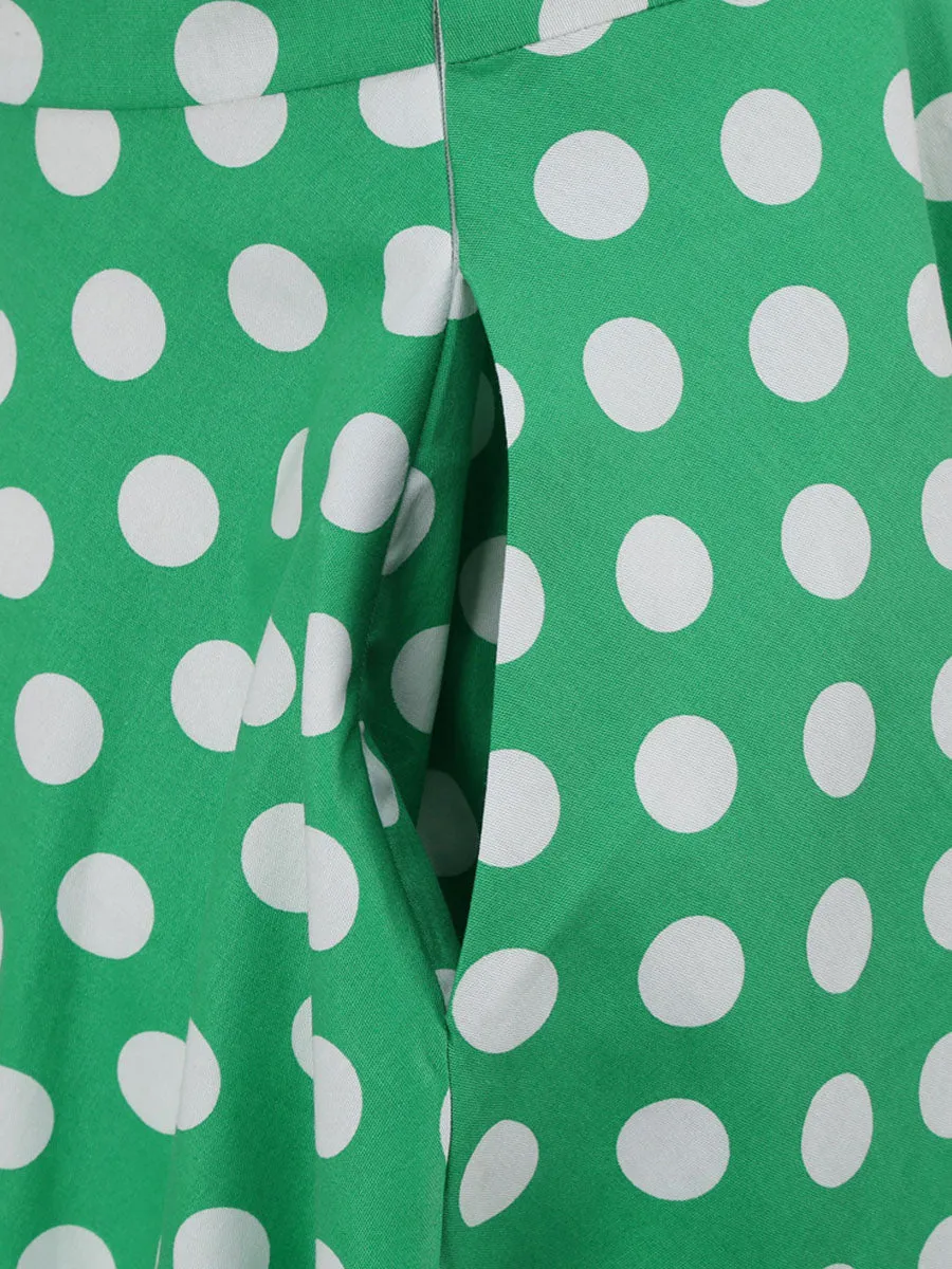 Green And White Polka Dots Pockets Vintage Halter 1950S Dress With Button