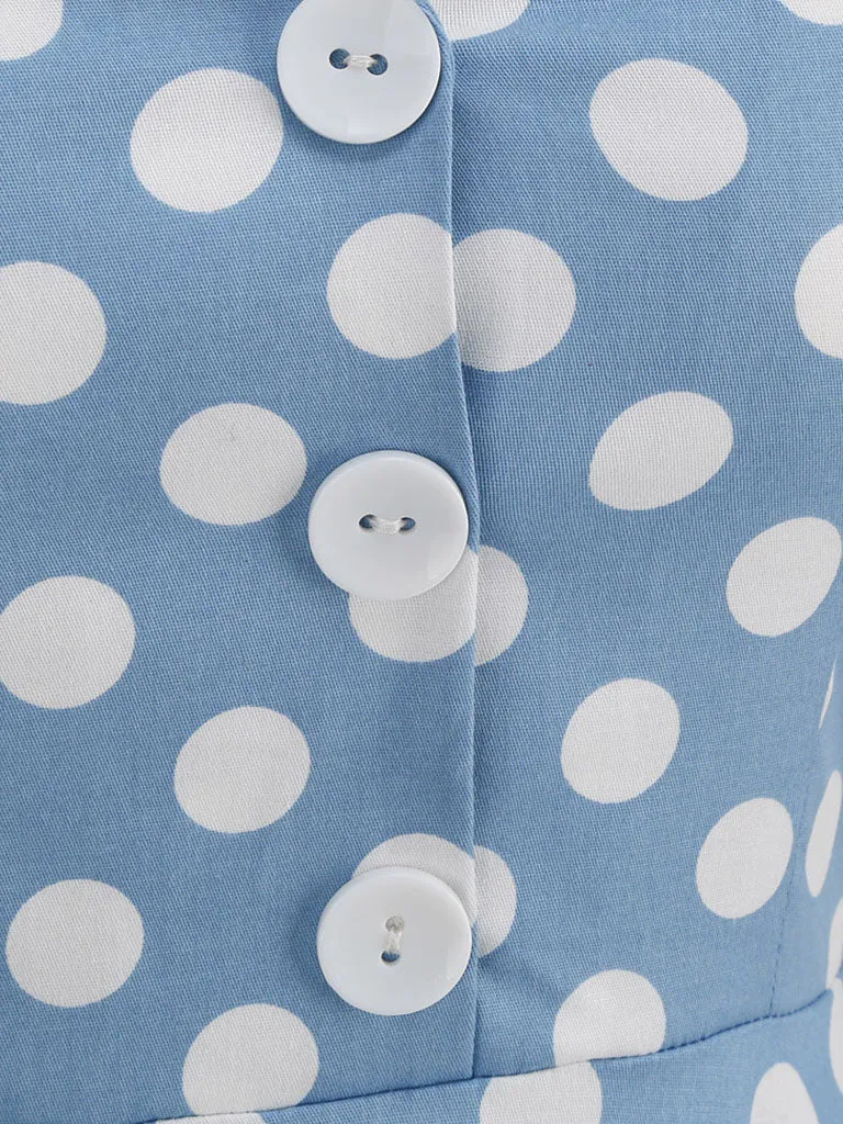 Green And White Polka Dots Pockets Vintage Halter 1950S Dress With Button