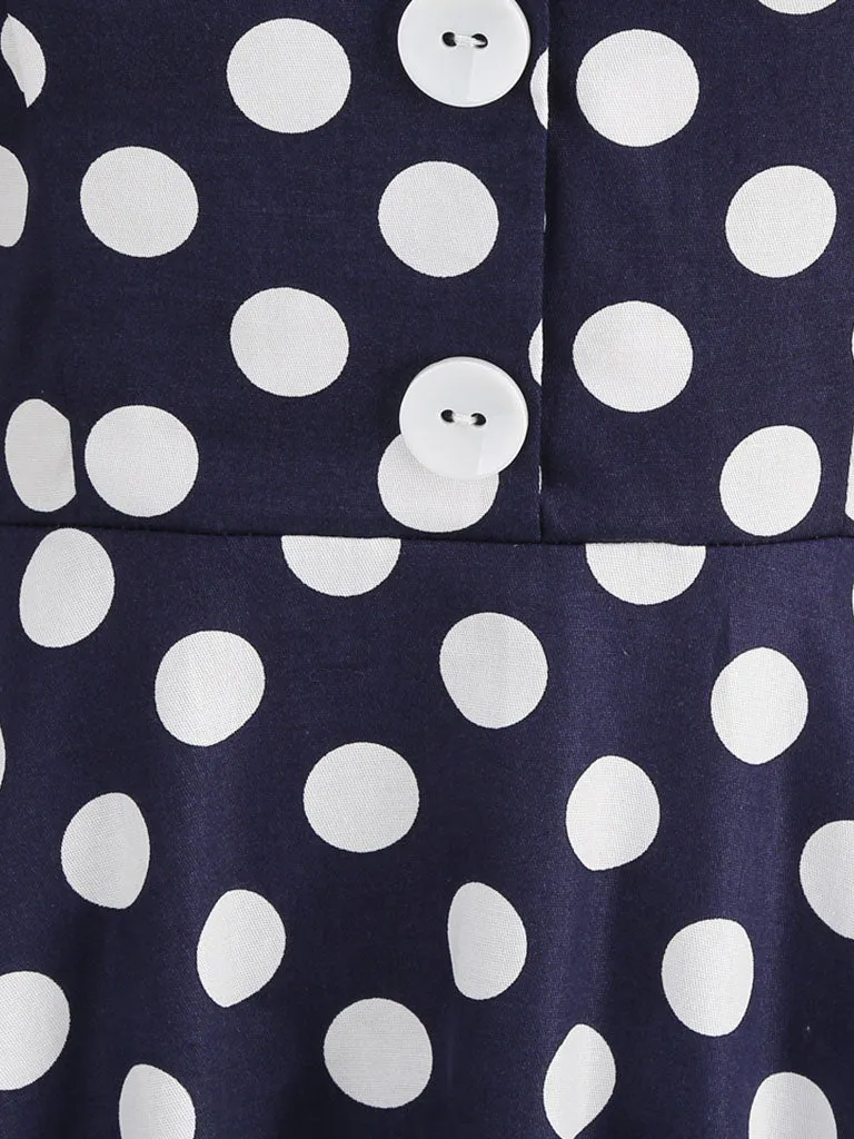 Green And White Polka Dots Pockets Vintage Halter 1950S Dress With Button