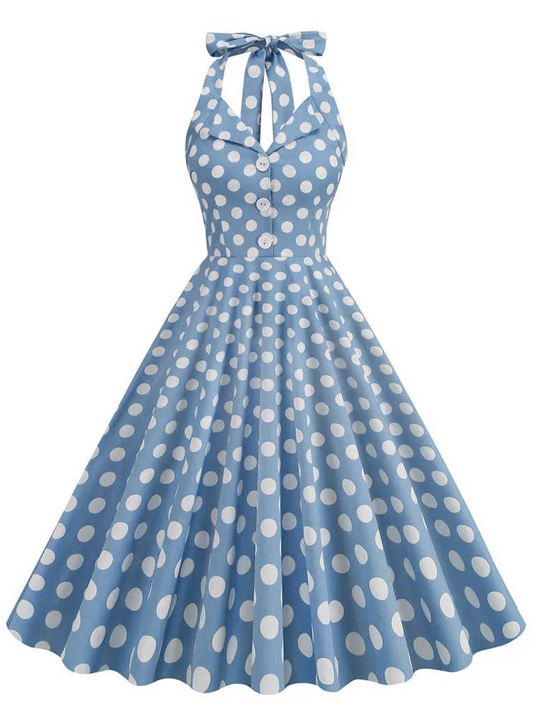 Green And White Polka Dots Pockets Vintage Halter 1950S Dress With Button